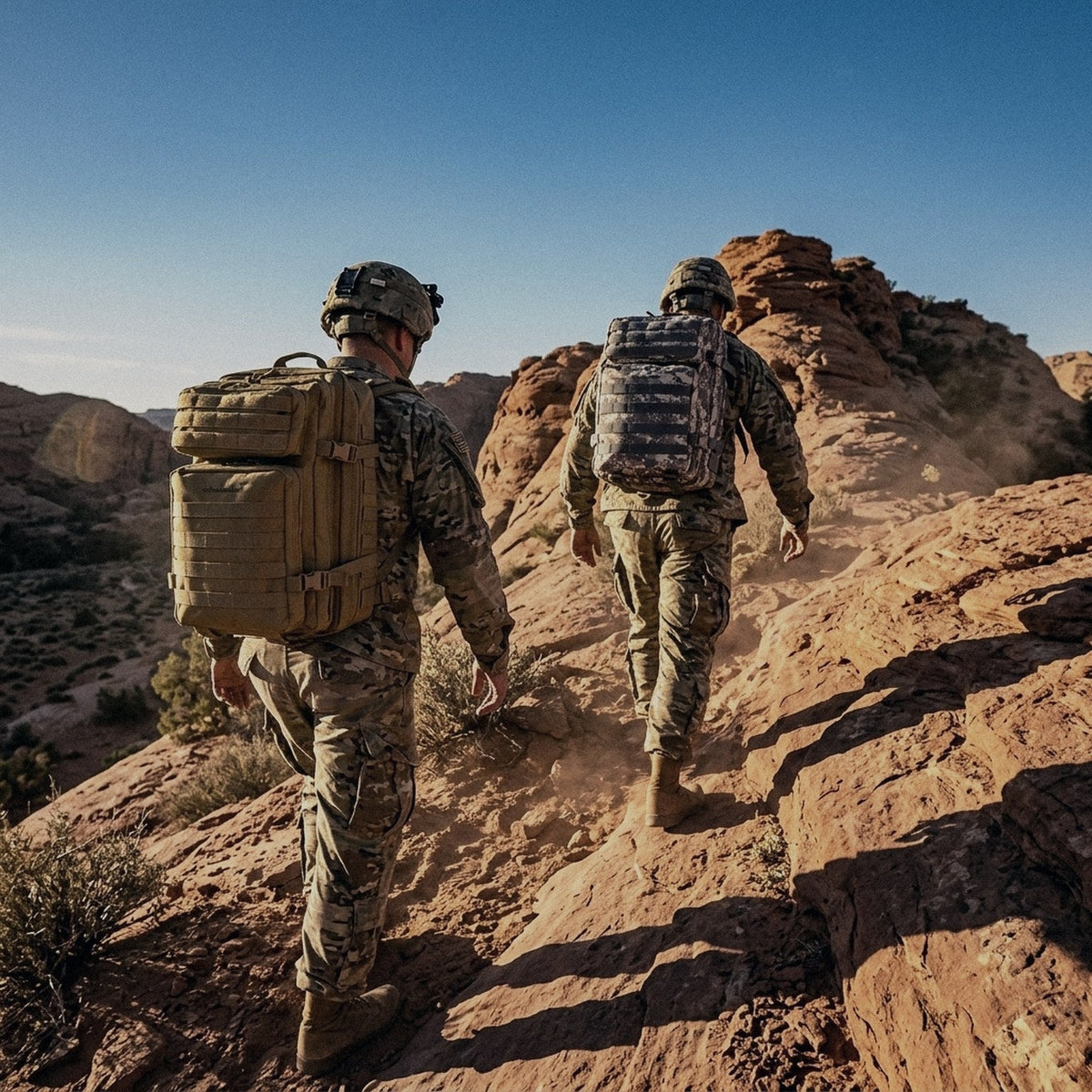 Two soldiers carrying Garrison packs across desert rock