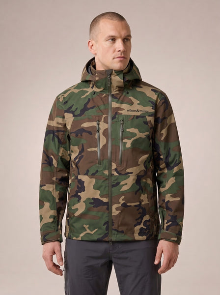 Waterproof Field Jacket in Woodland Camo, worn