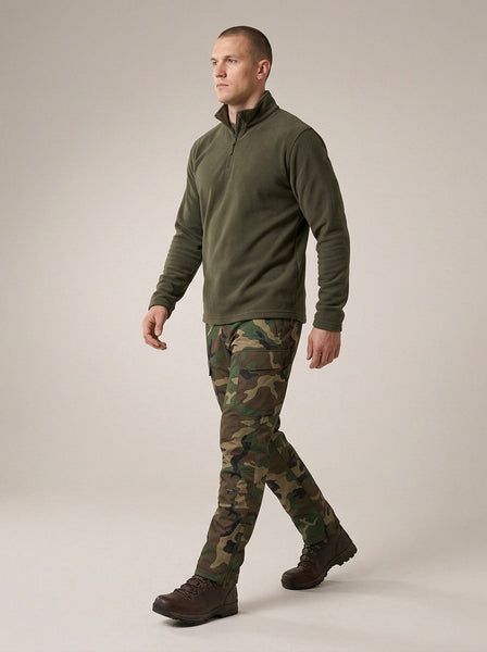 Waterproof Field Trousers in Woodland Camo, worn
